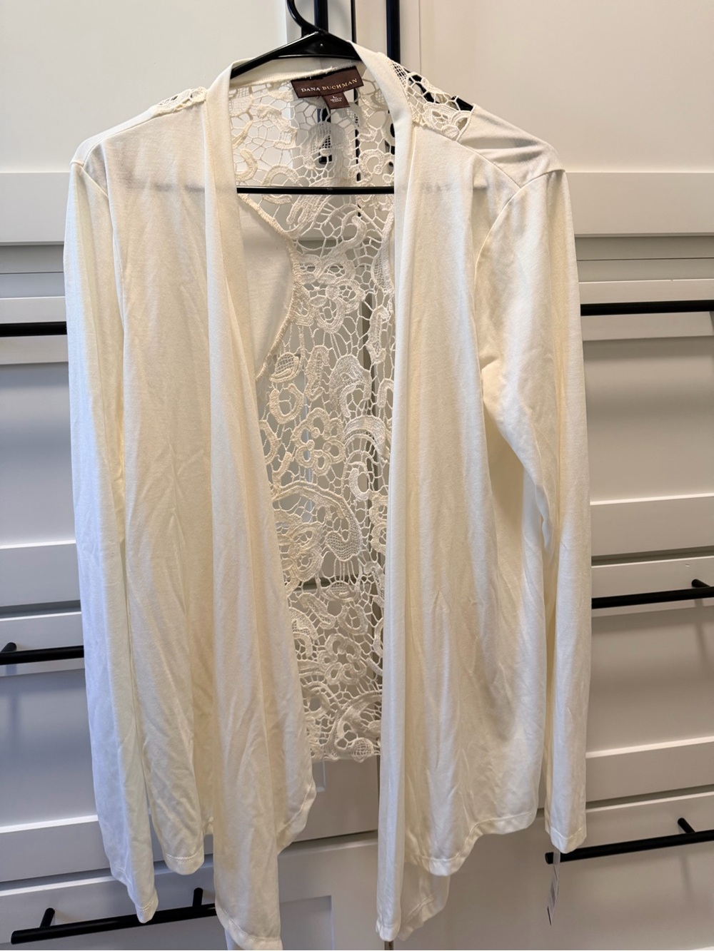 Dana Buchman Ivory Open-Front Cardigan with Lace Back